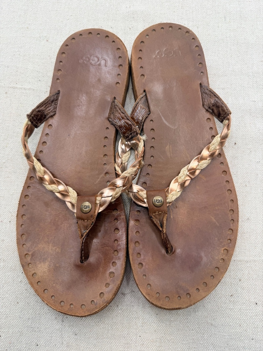 UGG Brown Braided Leather Thong Sandals with Tan Accents